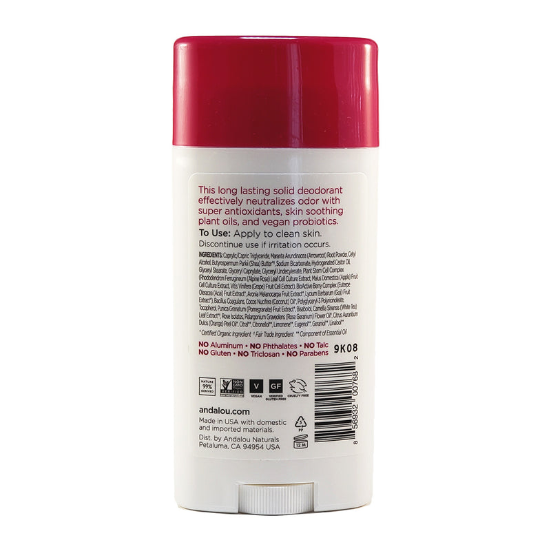 Andalou Naturals Botanical Deodorant with Vegan Probiotics Rose Pomegranate